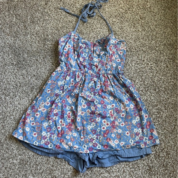 Urban Outfitters Pins and Needles Halter Skirted Romper Blue Floral Summer Large - Picture 2 of 10